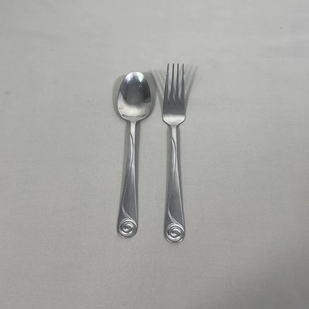 Vtg Farberware Swirl Stainless Flatware Glossy 2pc Fork Spoon Discontinued 08-09